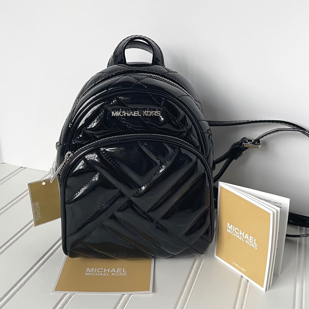 NEW Michael Kors Abbey XS Mini Backpack Black Patent Quilted Bag Designer Purse